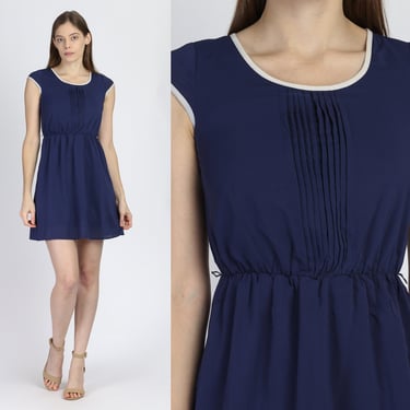 70s Style Navy Blue Mini Dress - Petite XS | Y2K A Line Pleated Cap Sleeve Dress 