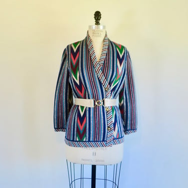 2000's Marc Jacobs Multicolor Sparkly Chevron Striped Glitter Knit Cardigan Sweater V Neck Belted Blue Red Silver Stripes Small 
