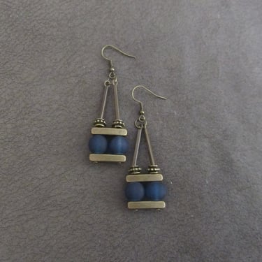Mid century modern earrings, industrial earrings, navy blue frosted glass earrings 