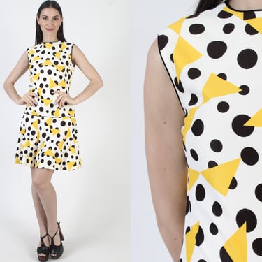60s Scooter Dress, Mod Polka Dot Print, Vintage Drop Waist, Preppy Kick Pleat Short 