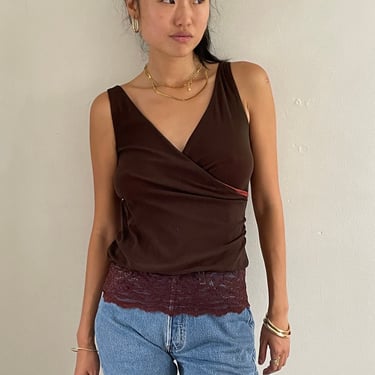 Y2K mesh top / vintage brown with rust semi sheer mesh sleeveless wrap front V neck cropped lace trim ruched sleeveless tank top | Medium 