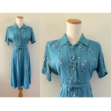 Vintage 40s Rayon Dress - Blue Abstract Print Short Sleeve Belted Day Dress - Size Small Medium 