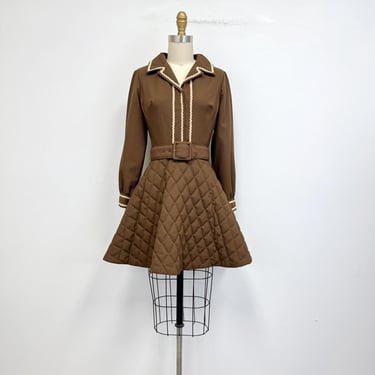 Vintage 60s Mini Dress | Brown Long Sleeve Dress with Quilted Flared Skirt | Size Small 