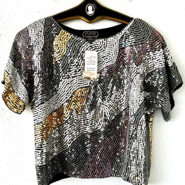 Vintage 80s 90s Sequin Metallic Silk Top 1980s 1990s Artsy Glam Oversized Shirt 