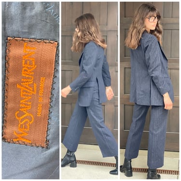 YSL Yves Saint Laurent Pinstripe Suit-Blazer & Trousers chic French S M 