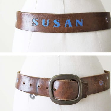 Vintage 70s Tooled Leather Belt Susan 26-28 S - 1970s Painted Name Belt Boho Hippie Western Belt Small 