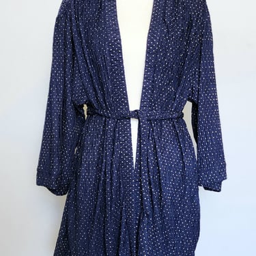 Vintage 1980's Robby Len Navy Blue with Gold Polka Dots Tie Waist Kimono Swim Cover-Up One Size 