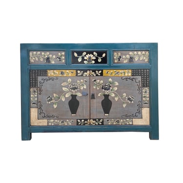 Chinese Distressed Teal Green Gray Flower Graphic Credenza Cabinet cs7511E 