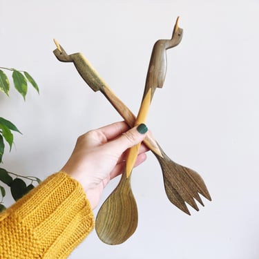 Vintage Hand-Carved Wooden Duck Handles Serving Fork and Spoon 