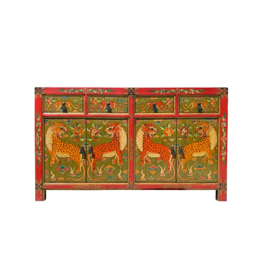 Chinese Red Green Tibetan Style Jaguar Sideboard Console Table Cabinet cs7321E 