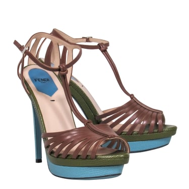 Fendi - Brown w/ Green & Blue Snakeskin Embossed Leather Stiletto Sz 9