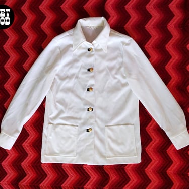Mod Vintage 60s 70s White Collared Button Down Tunic Shirt with Gold Buttons and Pockets 