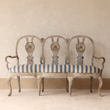 18th C.  Swedish Transitional Three Seat Bench with Curved Arms Upholstered in Rose Tarlow &#038; Janet Yonaty