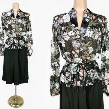 VINTAGE 1970s Romantic Sheer Floral Lace Peplum Dress L/XL  | 70s Sheer Sleeve Sexy Secretary Dress | Plus Size Vintage Disco Dress vfg 