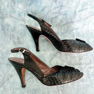 Black Reptile Heels, Peep Toes, Vintage Shoes, Sling Back, Snakeskin, Vintage 70s 80s 