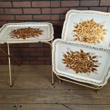 Set of 4 White and Gold Metal Flower TV Trays with Storage Rack 