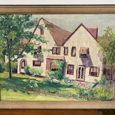 Vintage Home Architecture Oil Painting, Original Art Signed By M.F. DeBaun, House With A Garden Painting, Framed Art 