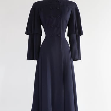 Stunning Late 1940's Navy Blue Pleated Princess Coat in Wool Gabardine / SM