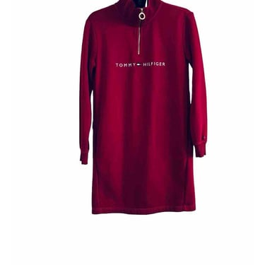 90s Vintage Tommy Hilfiger Women’s Adaptive Mock Neck Logo Red Sporty Long Sleeve Dress Size XXS 