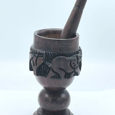 Vintage African  Mortar and Pestle Ebony Wood-Features Elephant Rhino  Ideal for Grinding Spices- Kenya 