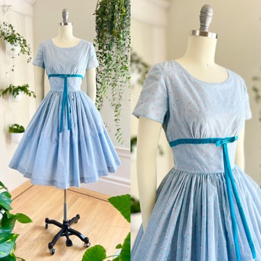 Vintage 1950s Dress | 50s Floral Flocked Chiffon Blue Fit and Flare Tea Party Dress (x-small) 