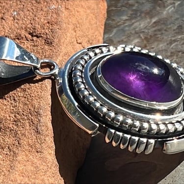 Ray Bennett ~ Vintage Navajo Large Sterling Silver and Natural Amethyst Stone Oval Pendant 