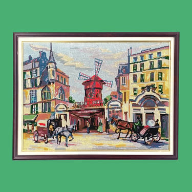 Vintage Moulin Rouge Needlepoint 1980s Retro Size 23x30 Victorian + Paris, France + Handmade Embroidery + Victorian Wall Art + Home Decor 