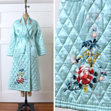 vintage 1950s quilted satin robe • luxurious bright aqua blue silk embroidered bird & peony flower robe 