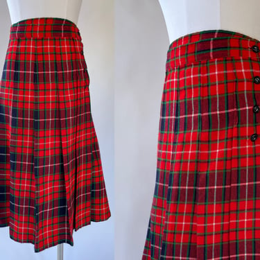Small 1960's - 1970's Plaid Skirt Red /Green Wrap Around Kilt Style School Girl High Waisted w Side Buttons / Scottish / Irish 