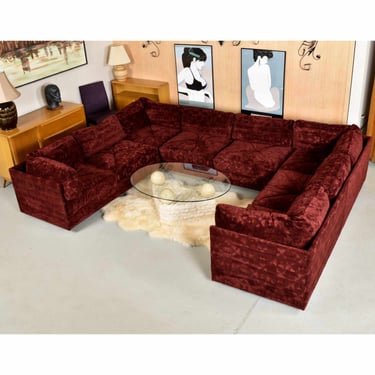 Vintage 1970s Aven Rich Burgundy Velvet Pit Group Modular Sectional Sofa 