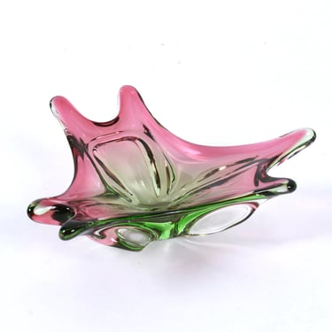 Vintage 1960s Pink and Green Amorphic Splash Murano Glass Dish 
