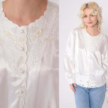 White Beaded Satin Top 80s Sequin Paisley Blouse Embroidered Cutwork Party Button Up Shirt Puff Sleeve Romantic Top Vintage 1980s Large 14 