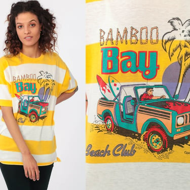 90s Surfer Shirt Bamboo Bay Retro T Shirt Striped Surf Tshirt 80s Vintage Graphic Tee California Yellow Small 