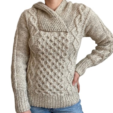 Vintage Womens Hand Knit Fisherman White Grey Chunky Wool Sweatshirt Sweater XS 