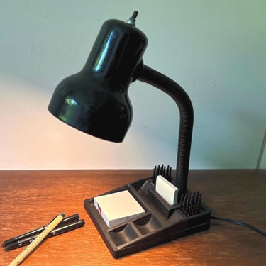 Vintage Black Portable Gooseneck Metal Desk Lamp w Caddy Stationery Holder Organizer Tray | Retro MCM Office Tabletop Industrial Minimalist 