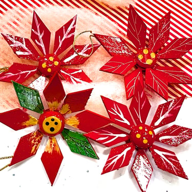 VINTAGE: 4ps - Mexican Wooden Christmas Flower Ornaments - Artisan Hand Painted Ornaments - Feather Tree Ornaments - SKU 00034986 