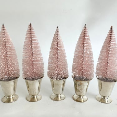 Pink Bottlebrush Xmas Trees in Vintage Silver Cups 
