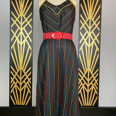 1970s halter dress, Rainbow striped, vintage 70s sundress, medium, Pinstriped polyester, sears fashion, 28 waist, black striped, disco, minx 