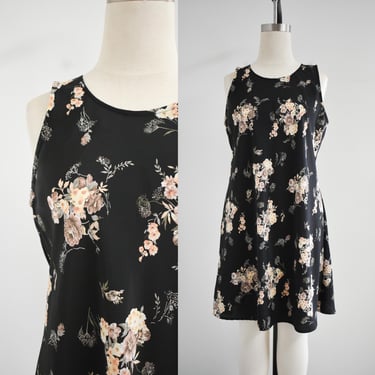 1990s Black Floral Mini Dress 