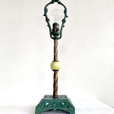 Antique Art Nouveau Cast Iron Table Lamp Brass Glass Early 20th Century Cast Iron Harp and Finial Green and Yellow and Brass Vintage Light 