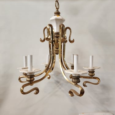 Six Light Brass Chandelier with Serpentine Arms