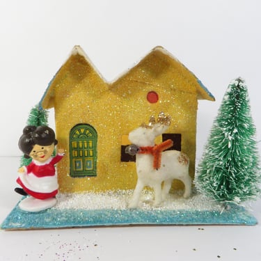 Vintage Yellow Glitter Mrs. Claus Putz House - Made in Japan Putz House Mrs. Claus Reindeer Trees 