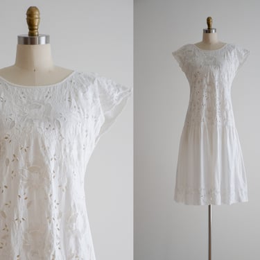 white lace dress | 80s vintage embroidered cotton oversized drop waist short sleeve cottagecore summer dress 
