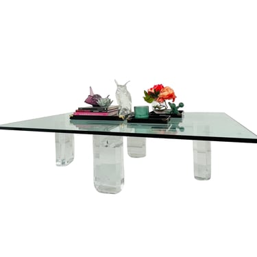 #1368 Lucite Pillar Cross Base Coffee Table in the Style of Karl Springer