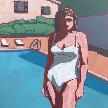 Pool #156 - Original Acrylic Painting on Canvas, 30 x 40, large, retro, woman, sunbathing, summer, michael van, figurative, art 