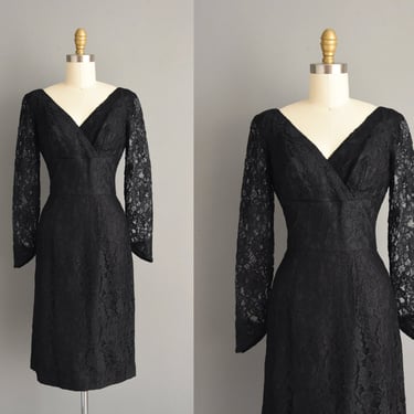 1950s vintage dress | Gorgeous Black Lace Long Sleeve Cocktail Party Pencil Skirt Dress | Small | 50s dress 
