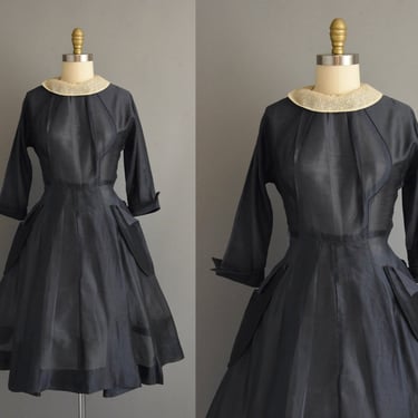 vintage 1950s dress | Navy Blue Polished Cotton Dress | Small Medium | 