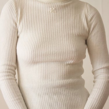 1970s Courréges Creme Ribbed Logo Mock Neck Sweater 