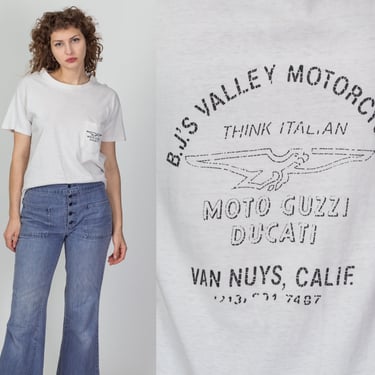 80s Distressed Moto Guzzi Ducati Pocket Tee - Unisex Medium | Vintage White B.J.'s Valley Motorcycle Shop Van Nuys Graphic T Shirt 