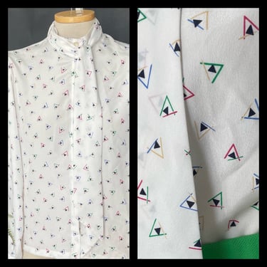 Vintage 1970s 1980s 80s Graphic Print Blouse Tie Neck Pussy Bow Covered Button Front Long Sleeve White Colorful 